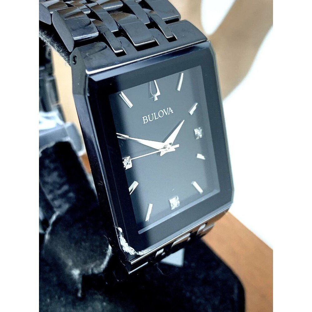 Bulova Men's Watch 98D164 Quartz Diamond Black Dial Steel Quartz CHIPPED…